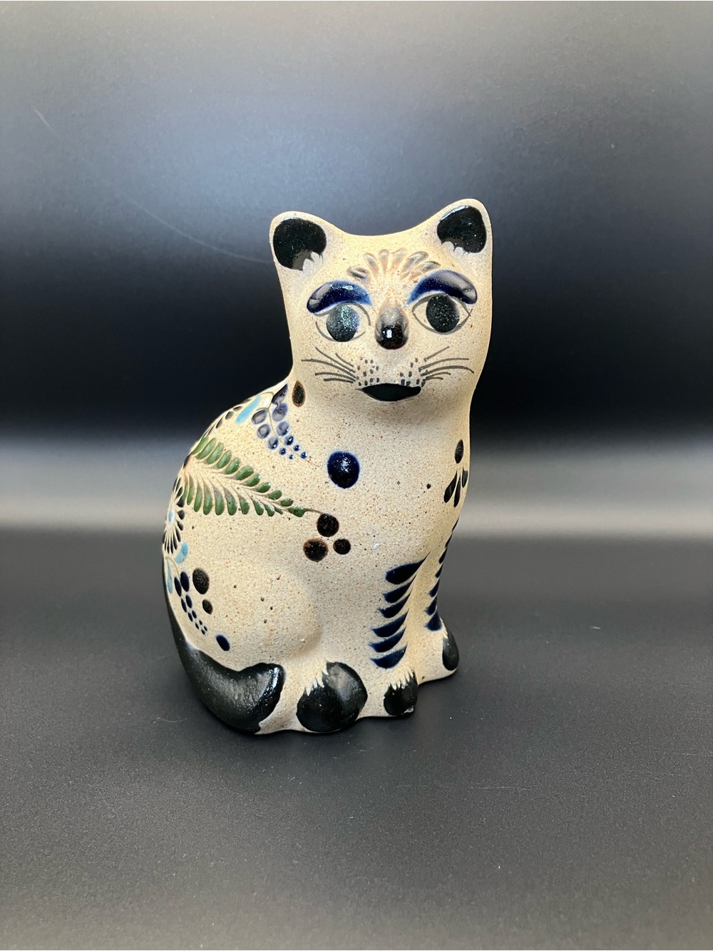 Tonala Mexico Hand-Painted Ceramic Cat Figurine in Cream, Black, Blue & Green